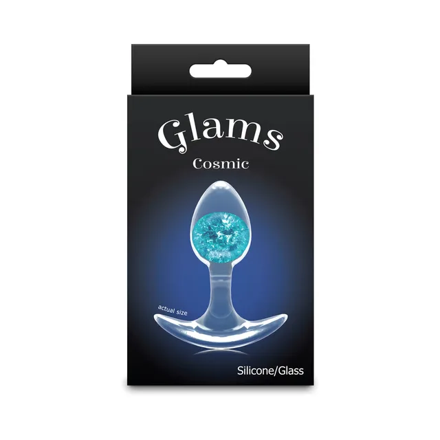 Small blue Cosmic Glams silicone plug with glitter glass marble on box