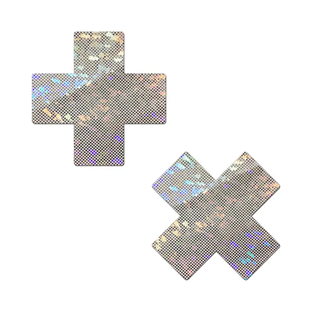 pair of silver holographic cross nipple pasties with shattered-glass pattern