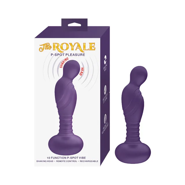 The Royale purple P-Spot Pleasure plug beside retail box