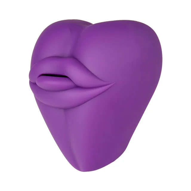 Angled front view of purple Kissi cushion with raised lips
