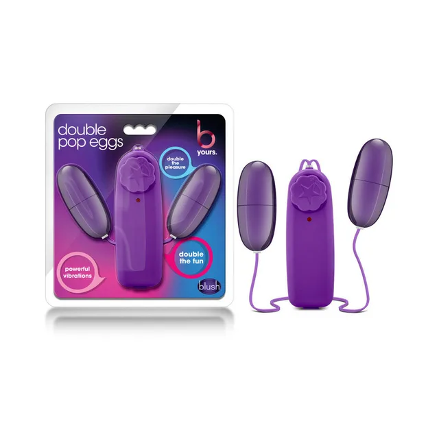 Blush B Yours Plum Double Pop Eggs dual eggs and remote beside retail blister pack
