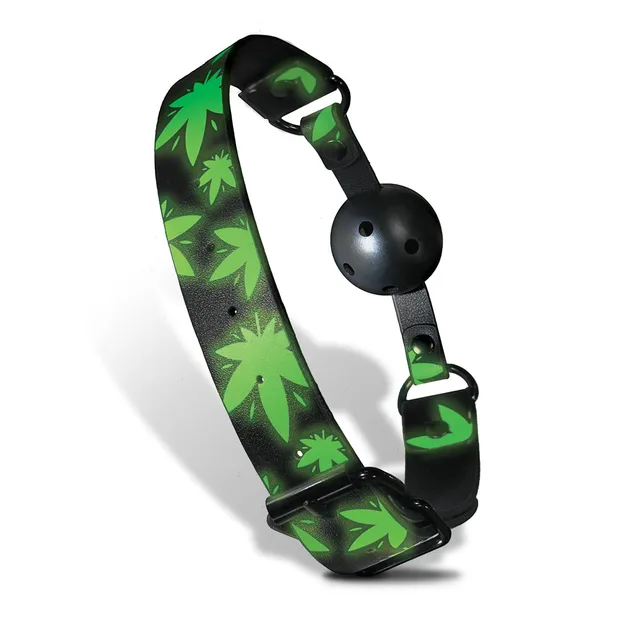 black ventilated ball gag with green leaf strap and buckle