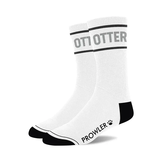 Prowler RED Otter white cotton crew socks pair with gray OTTER cuff lettering black heels and black toes