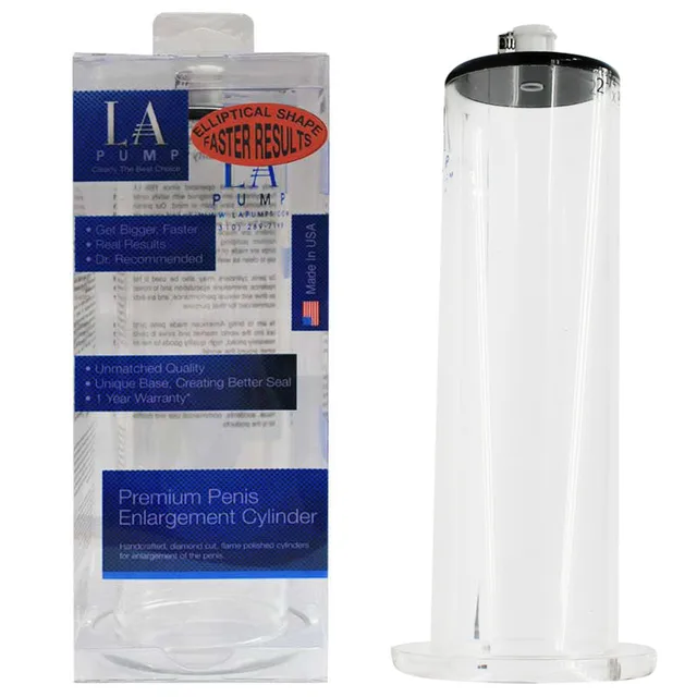 LA Pump Wide Body 2.25-Inch Cylinder clear 2.25-inch cylinder beside blue retail sleeve