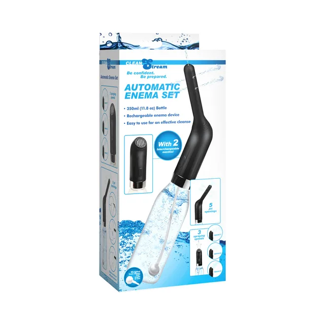 CleanStream automatic enema set with clear bottle, hose and two nozzles