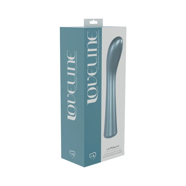 blue LoveLine La Perla III curved G-spot vibrator pictured on teal retail box