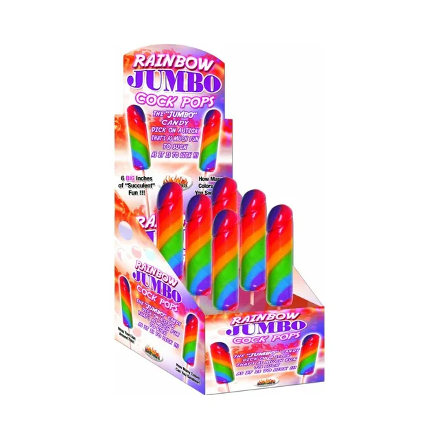 Open Rainbow Jumbo Cock Pops counter box filled with wrapped striped candy pops