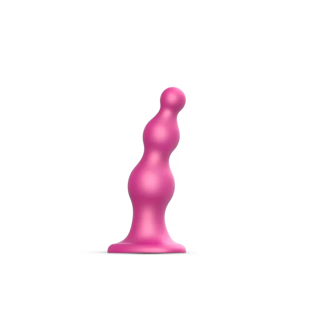 large raspberry Strap-On-Me silicone dildo plug with three graduated beads