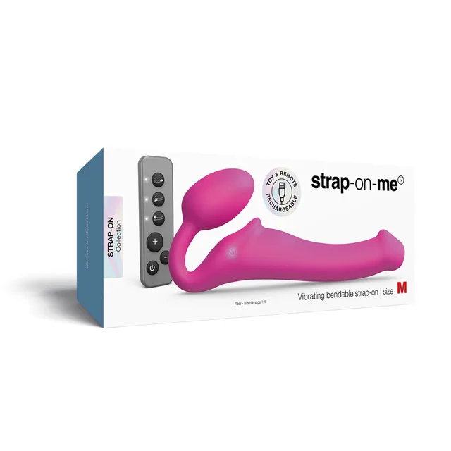 Fuchsia Strap-On-Me Medium vibrating bendable strapless strap-on on box