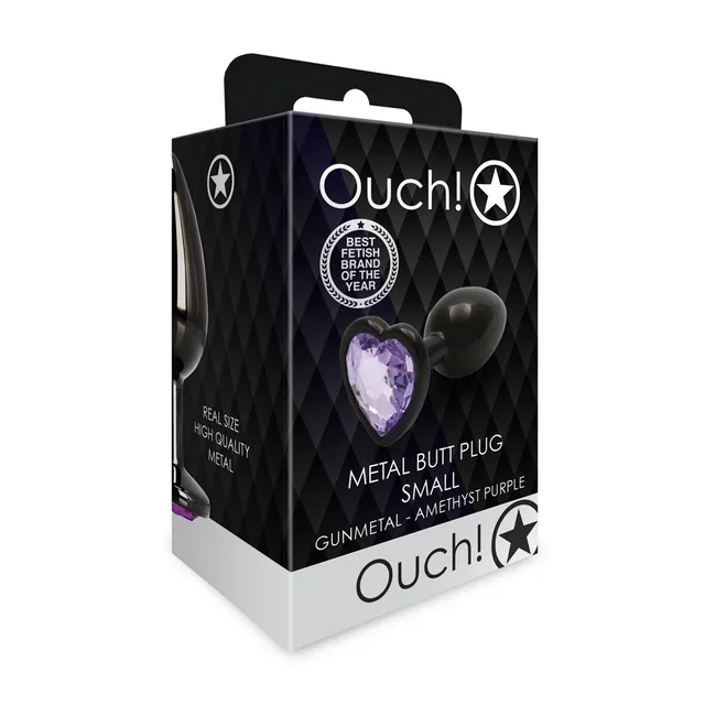 Shots Ouch small gunmetal butt plug with amethyst heart gem angled front retail package