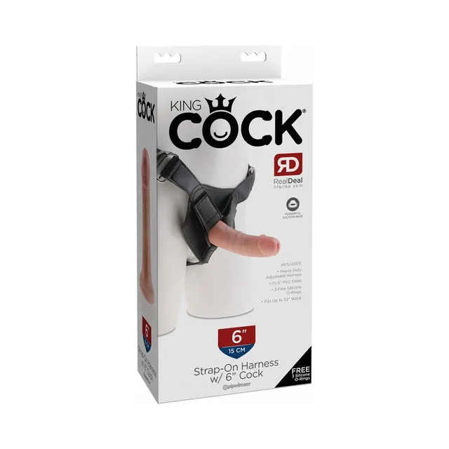 King Cock 6-Inch Harness Set retail box with black harness and beige dildo