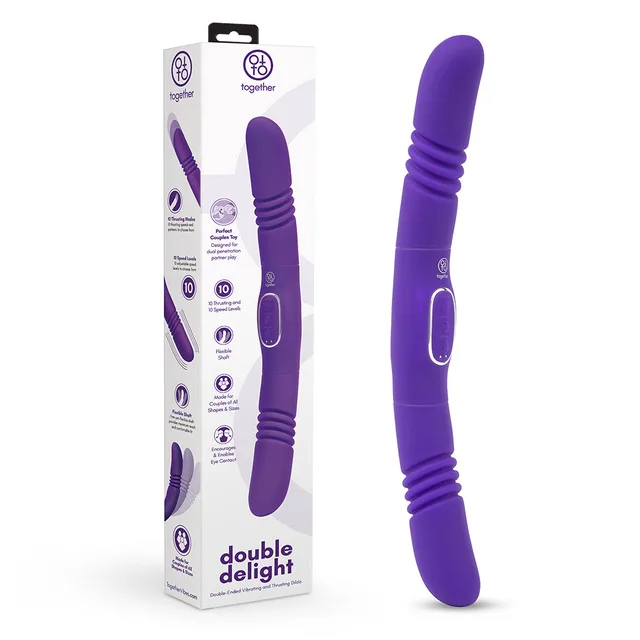 purple Together Double Delight double-ended vibrator beside white retail box