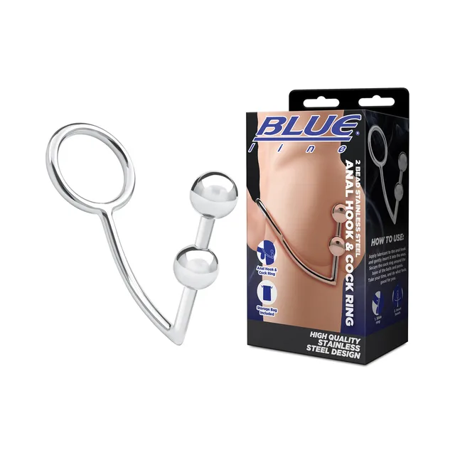 Blue Line steel two-bead anal hook and 45 mm ring beside retail box