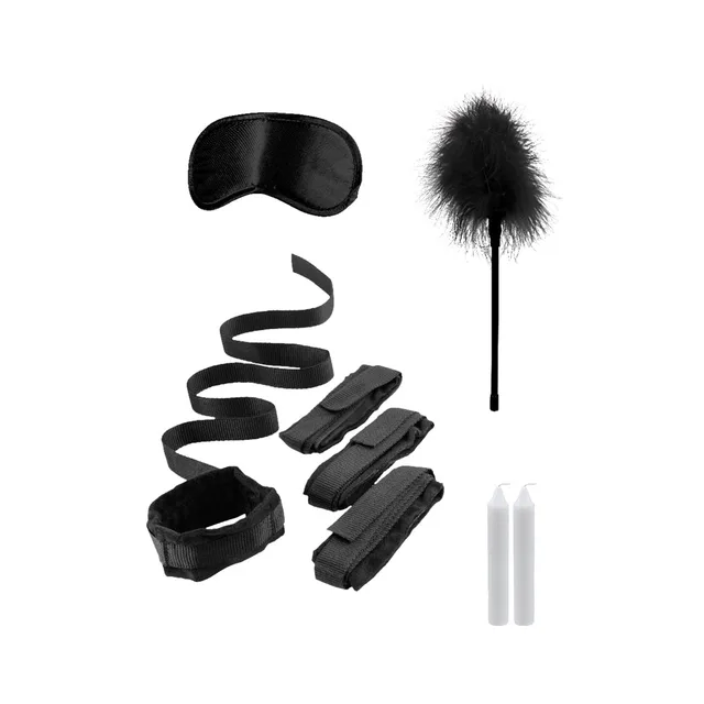 Black bed binding straps, four cuffs, eye mask and feather tickler
