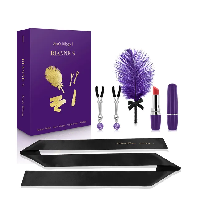 Ana's Trilogy I purple box with black blindfold feather lipstick vibrator and bead clamps