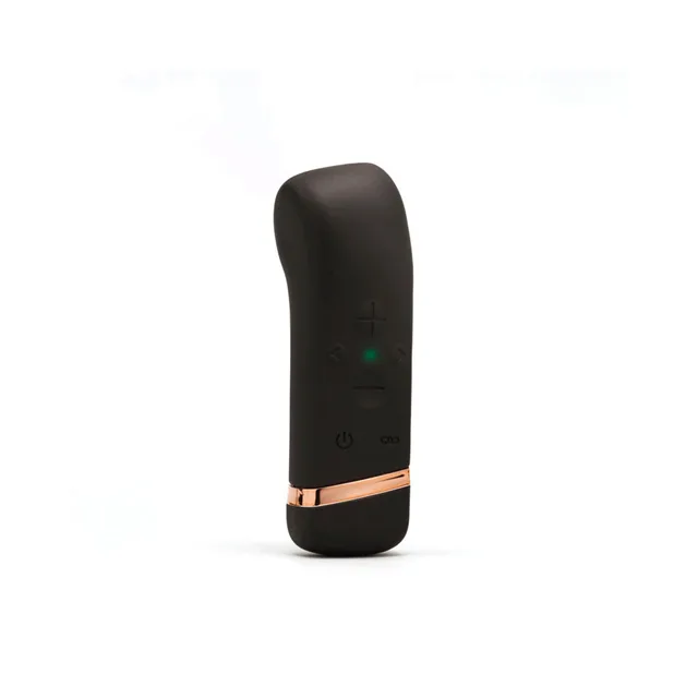 The Oh black controller standing upright with gold trim