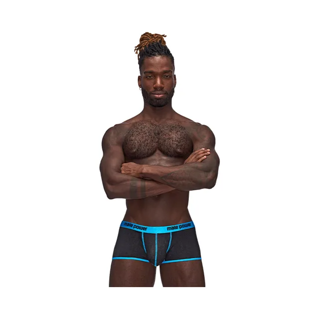 Close front view of black and turquoise Male Power Casanova Uplift Mini Short underwear