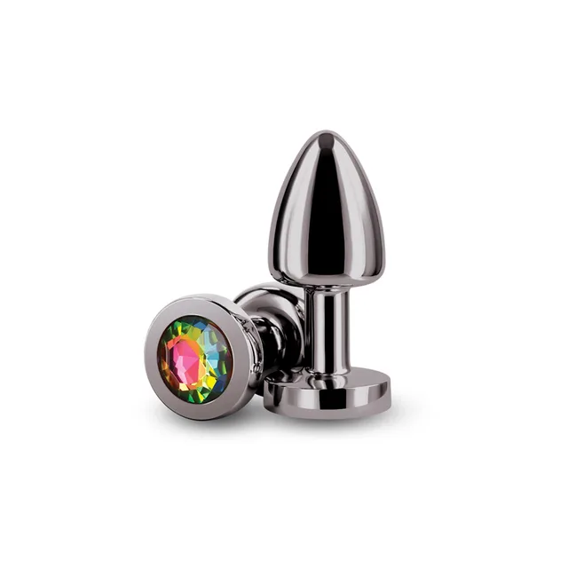 NS Novelties Rear Assets Petite gunmetal anal plug with rainbow jewel upright plug and rainbow jewel base