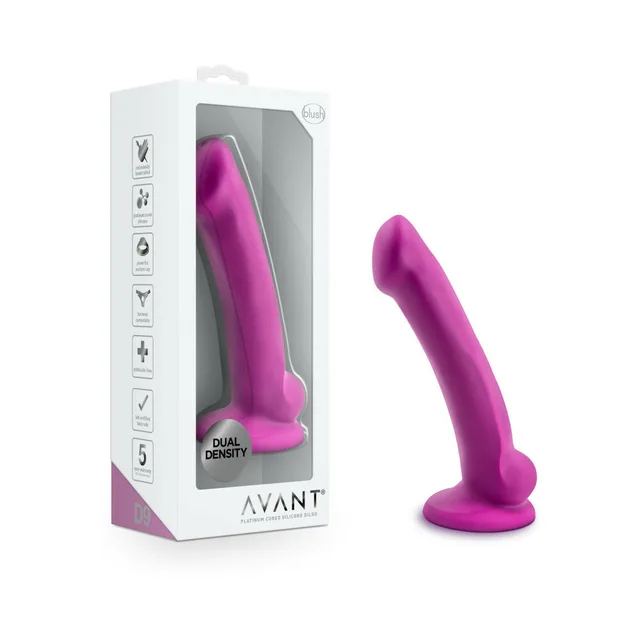 Hot pink Avant D9 Ergo Mini dildo beside clear retail box