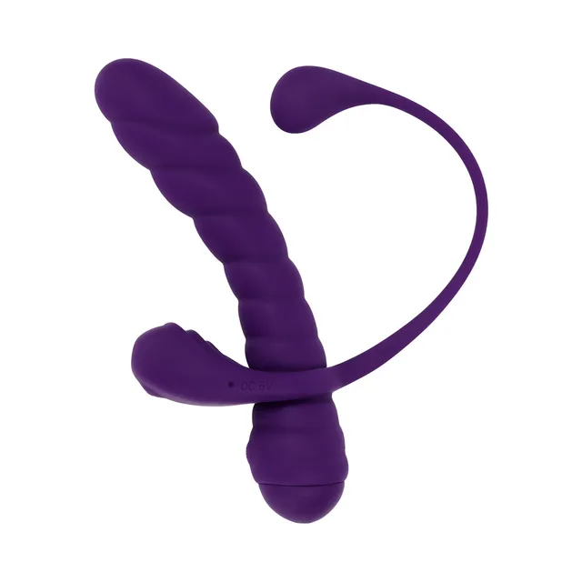 Purple Playboy Twisted Playground triple-stimulator angled view with C-ring and flexible tail