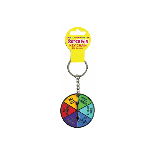 six-color circular Sex Spinner charm on silver keyring with yellow tag