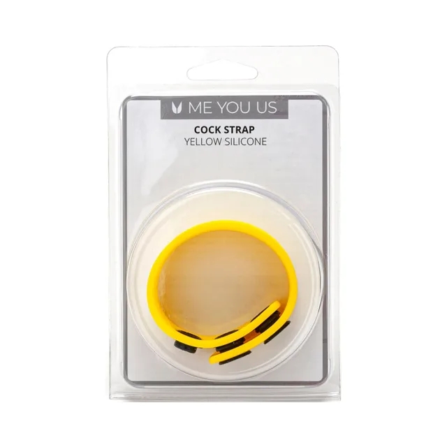 Me You Us yellow silicone cock strap coiled in clear blister with overlapping ends and black slider accent