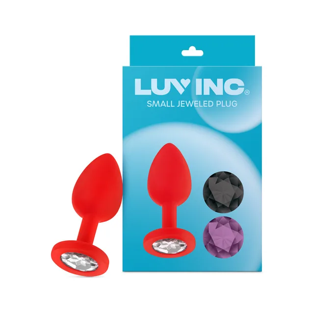 Red Luv Inc JP31 small plug beside box and three gems