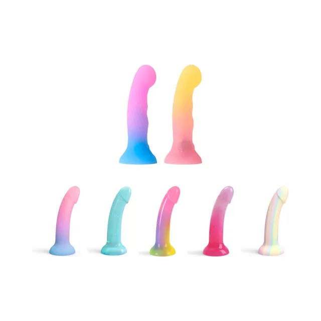 seven Love to Love penis-shaped pieces in pink yellow aqua and white