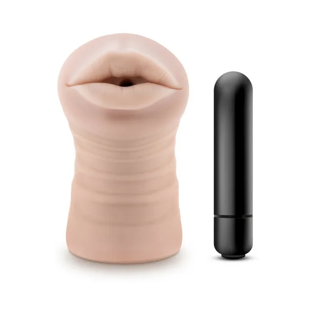 Blush M for Men Skye beige stroker upright opening view beside black bullet vibrator