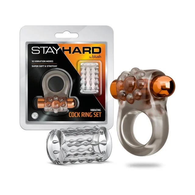 Blush Stay Hard vibrating ring set 1 with beaded ring, clear sleeve and retail package