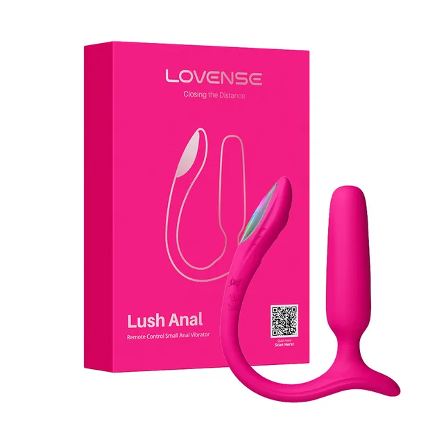 Lovense Lush Anal magenta compact butt plug beside pink retail box