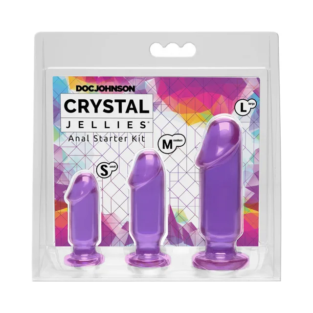 Doc Johnson Crystal Jellies Purple Kit clear hanging pack with three purple plugs
