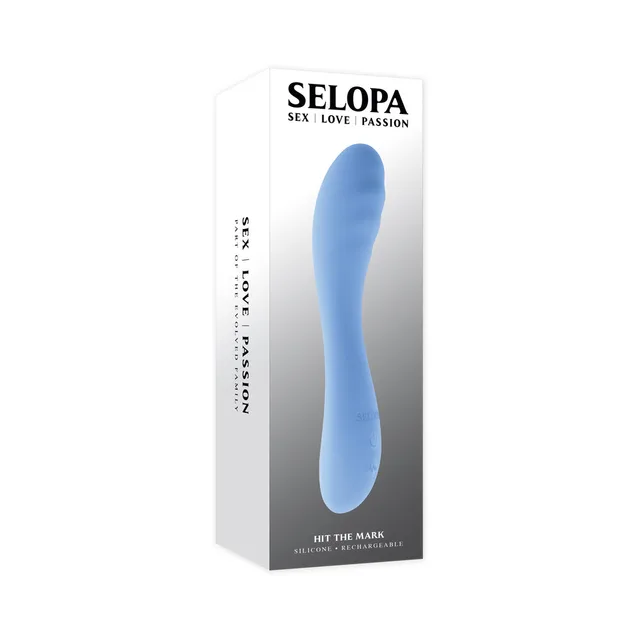 Selopa Hit The Mark blue curved-shaft vibrator beside the tall white retail box