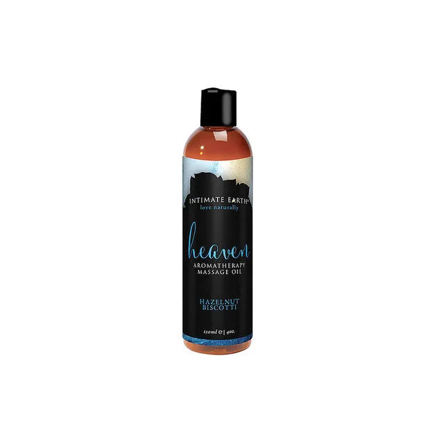 Intimate Earth Heaven Hazelnut Biscotti Oil 4 oz amber bottle with black cap and dark label