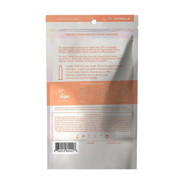 GLYDE vanilla flavored ultra-thin latex condoms 12-pack back of the pouch with the orange flavor band and product text