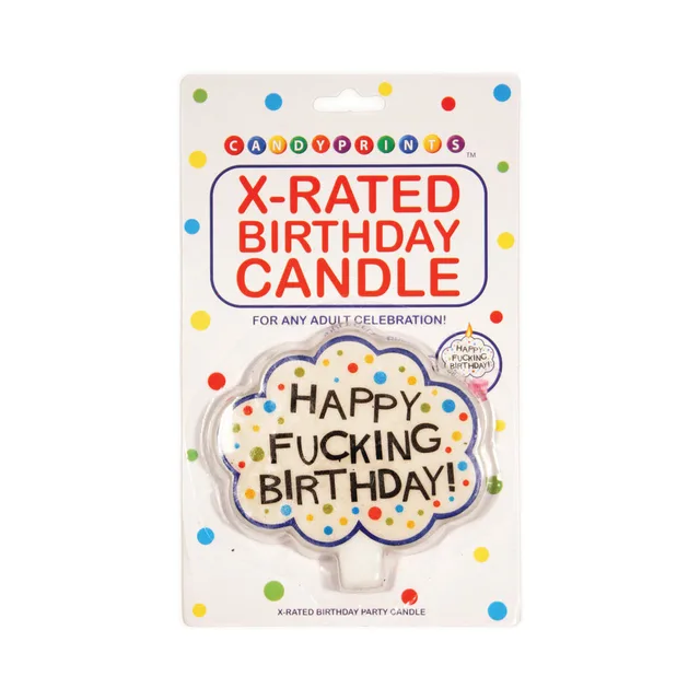 Happy Fucking Birthday X-rated candle in white package with rainbow dots