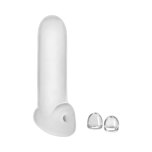 White Mr. Thick sheath standing beside two removable transparent spacers