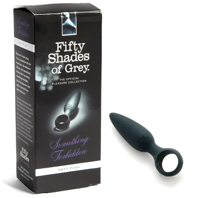 Fifty Shades Something Forbidden black plug with ring base beside box