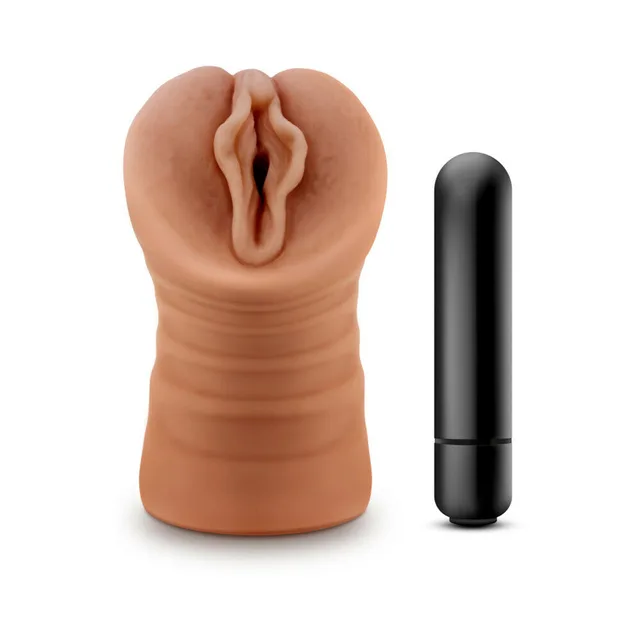 Blush M for Men Sofia tan stroker upright front view with layered opening and bullet at right