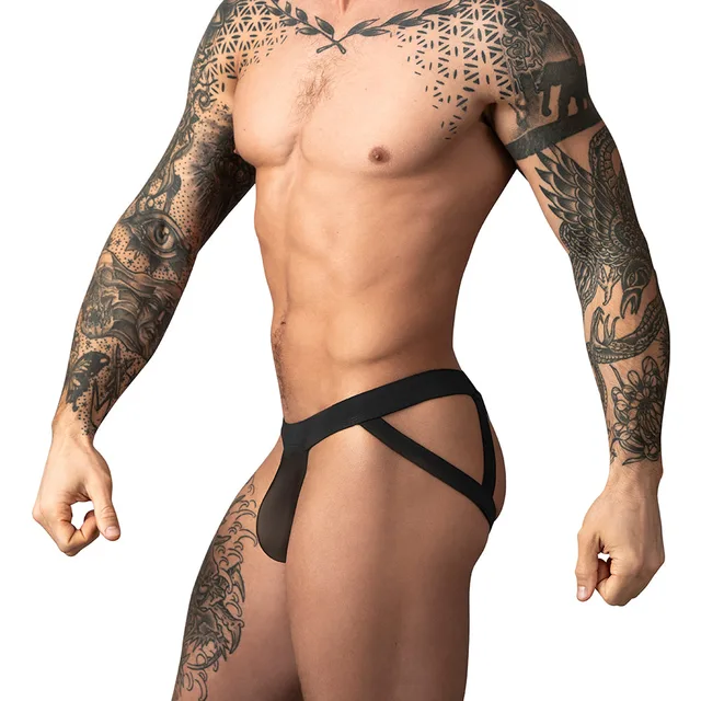 Male Power Mesh 2.0 Strappy Ring Jock in black size S/M worn from the front to show the mesh pouch and side bands