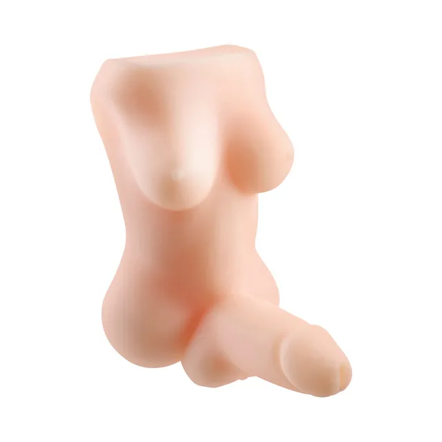 Front angled view of beige torso body stroker with shaft