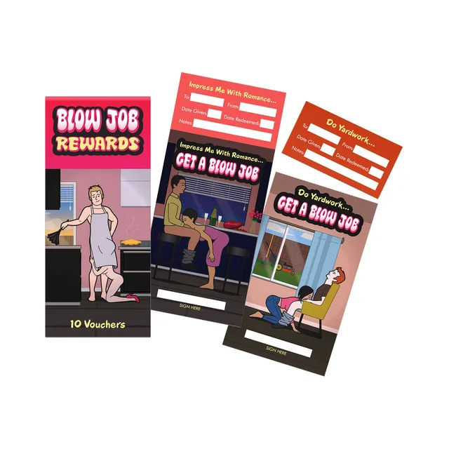Blow Job Rewards ten-voucher booklet with three illustrated card designs