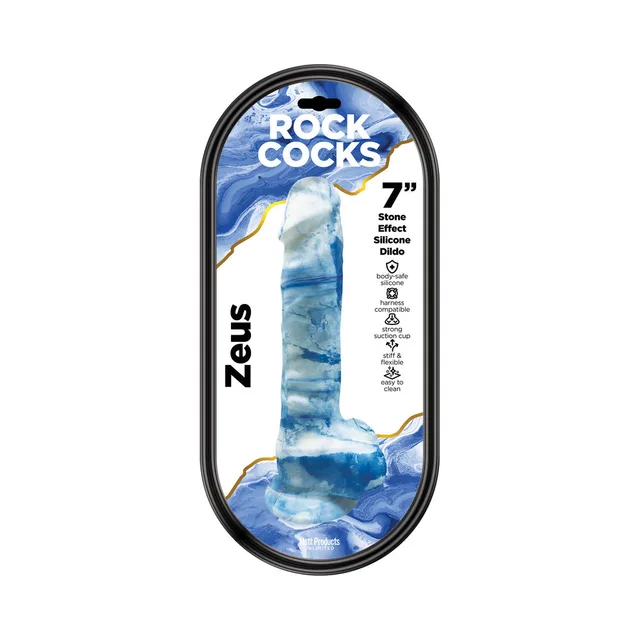 Rock Cocks Zeus 7-inch blue marbled curved dildo in clear retail pack