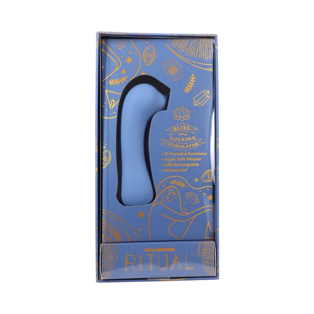 blue curved RITUAL Bliss suction toy displayed inside navy and gold window box