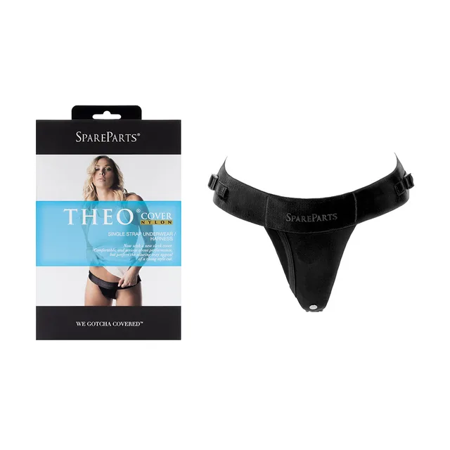 black Size B SpareParts Theo Cover single-strap harness beside retail package