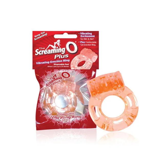 Screaming O Plus pink vibrating ring beside red retail card