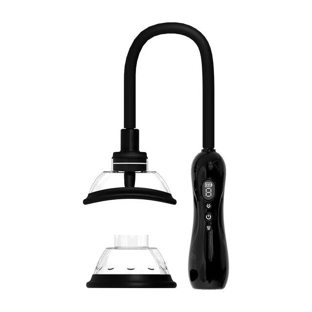 PUMPED black rechargeable pump with flanged attachment with curved tube clear cup and black attachment