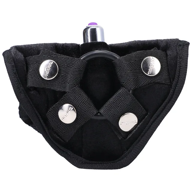 Close-up of black Vamp kit harness panel with silver snap hardware