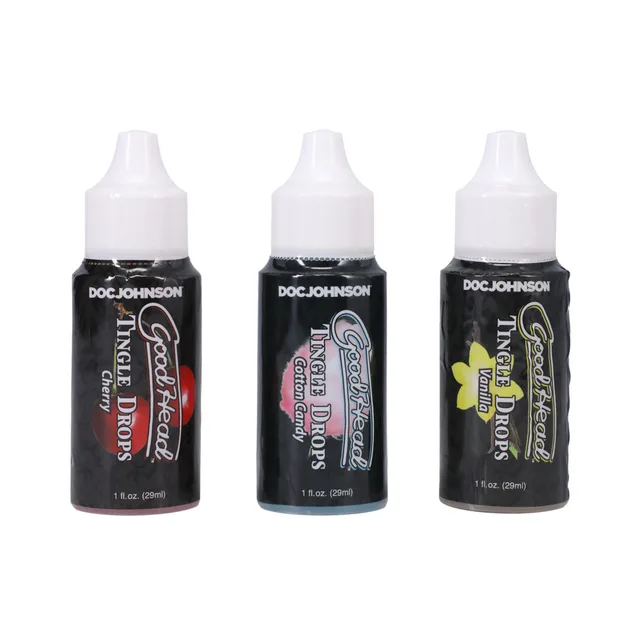 Doc Johnson GoodHead Tingle Drops set three black bottles lined up with white twist caps