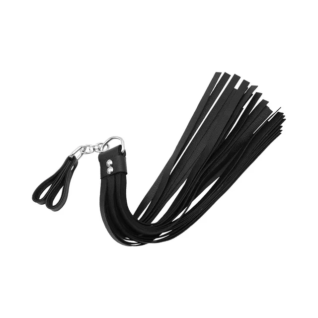 Rouge black leather two-finger flogger front angle with spread leather falls